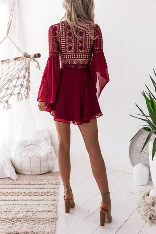 Rowangirl  Lace Crochet Hollow V-Neck Lace-Up Flared Long-Sleeved Dress