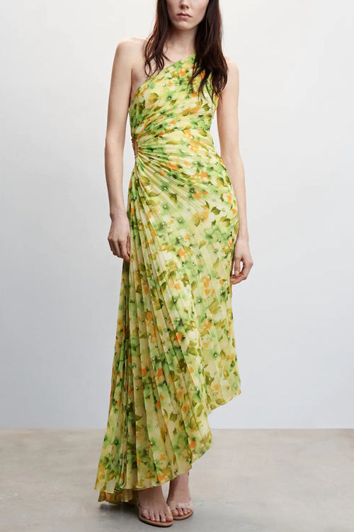 Rowangirl One-Shoulder Floral-Print Pleated Gown