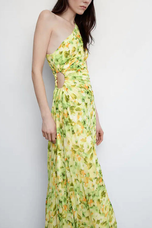 Rowangirl One-Shoulder Floral-Print Pleated Gown