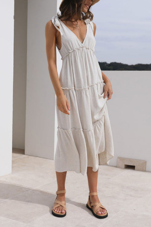 Rowangirl Linen Cotton Tie V-Neck Loose Dress