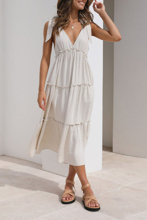 Rowangirl Linen Cotton Tie V-Neck Loose Dress