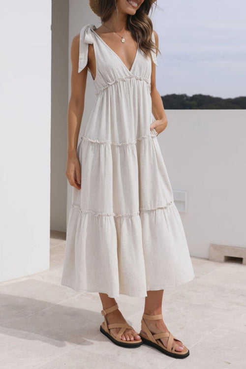 Rowangirl Linen Cotton Tie V-Neck Loose Dress