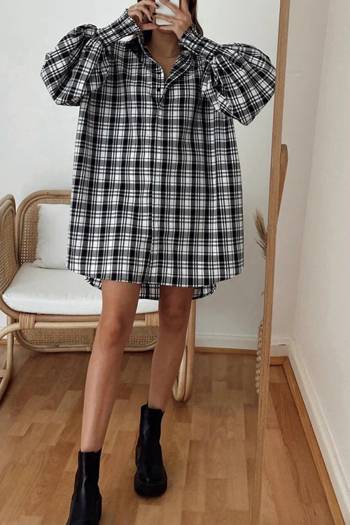 Rowangirl Plaid Balloon Sleeve Long Sleeve Shirt Dress