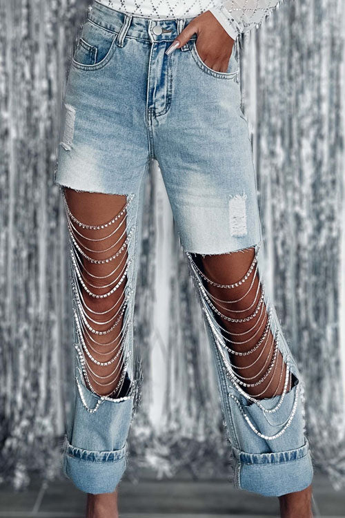 Rowangirl Fashion Pockets Wide Leg Ripped Jeans