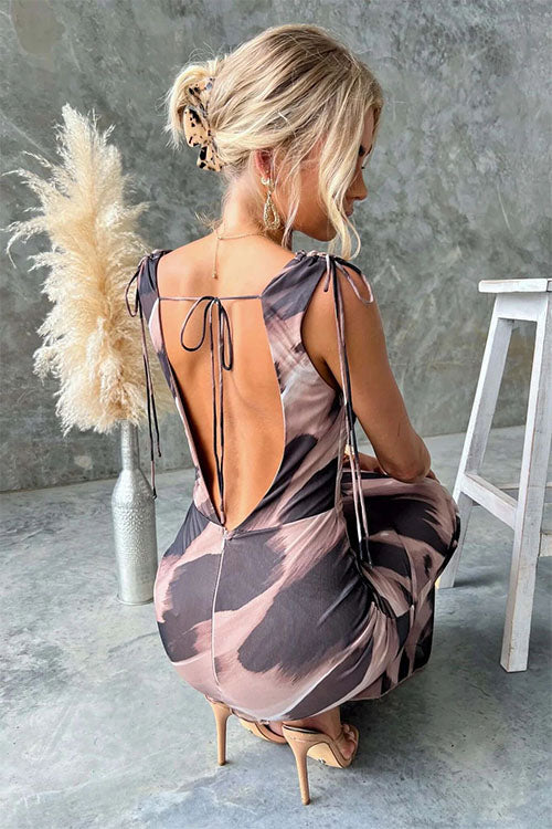 Rowangirl Elegant Printed V-Neck Backless Lace-Up Dress