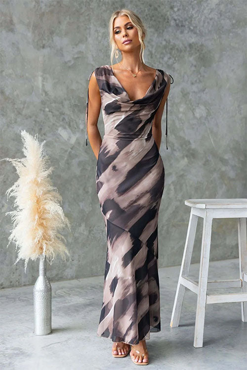 Rowangirl Elegant Printed V-Neck Backless Lace-Up Dress