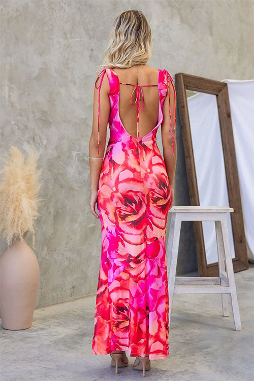 Rowangirl Elegant Printed V-Neck Backless Lace-Up Dress