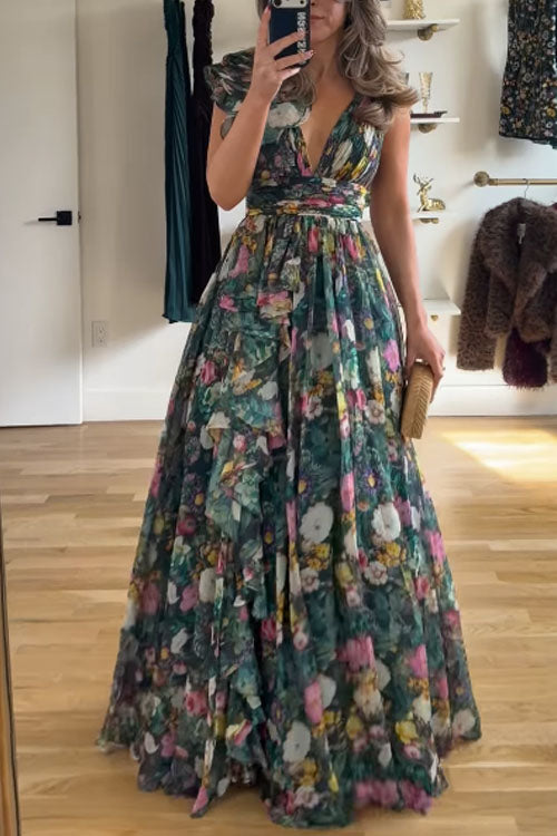 Rowangirl Floral Deep V-neck Long Dress