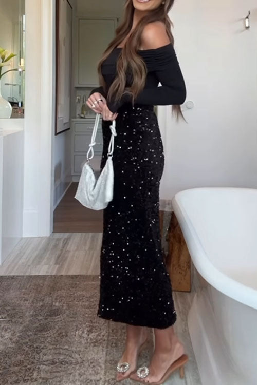 Rowangirl Stylish High-Slit Sequined Midi Skirt