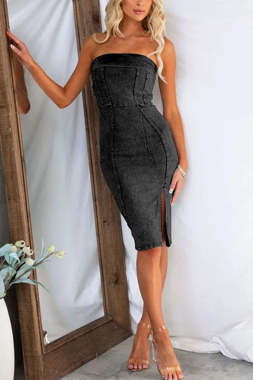 Rowangirl Slim-Fitting Wrap-Chest High-Slit Denim Dress