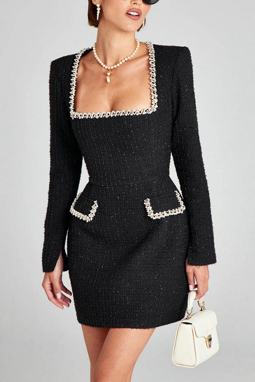 Rowangirl  U-neck Long-sleeved Beaded Dress