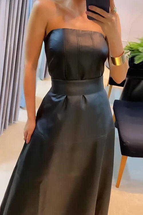 Rowangirl  High-Waisted Strapless Faux Leather Dress