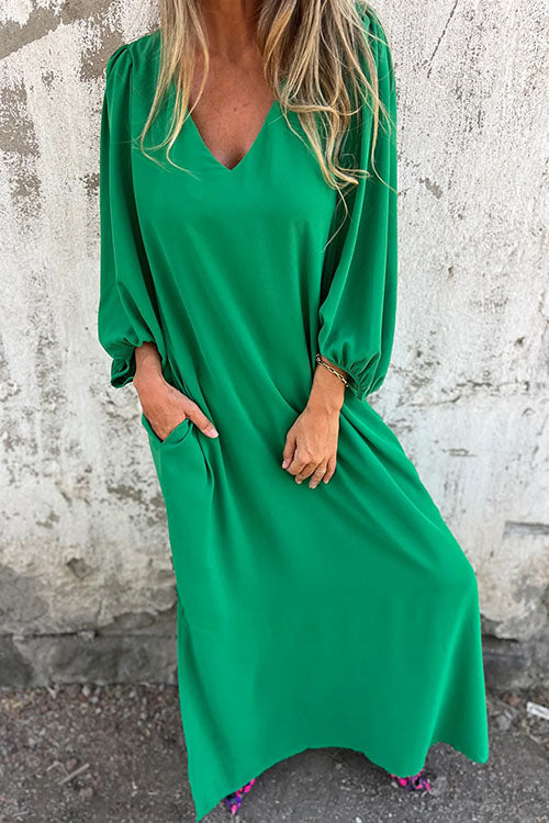 Rowangirl Casual Loose V-Neck Solid Color Dress