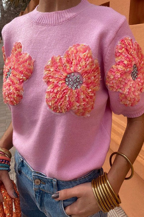 Rowangirl Flowery Sweet Pink Round Neck Short-Sleeved Sweater
