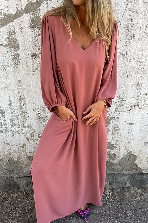 Rowangirl Casual Loose V-Neck Solid Color Dress