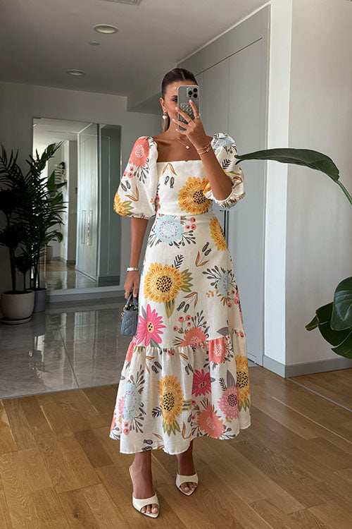 Rowangirl Fashion Square Neck Printed Puff Sleeve Swing Dress