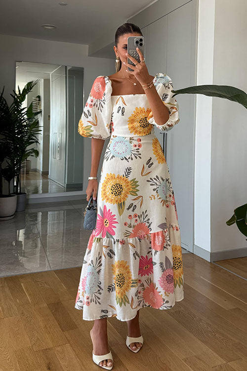 Rowangirl Fashion Square Neck Printed Puff Sleeve Swing Dress