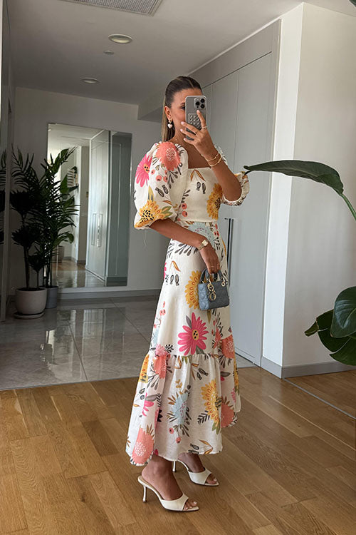 Rowangirl Fashion Square Neck Printed Puff Sleeve Swing Dress