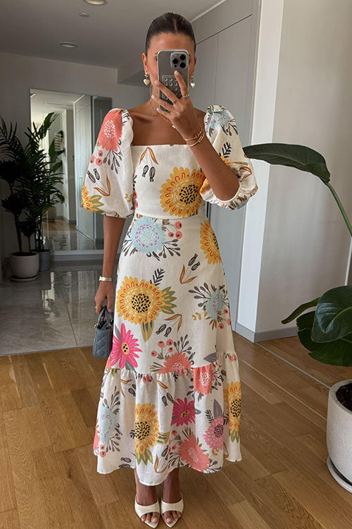 Rowangirl Fashion Square Neck Printed Puff Sleeve Swing Dress