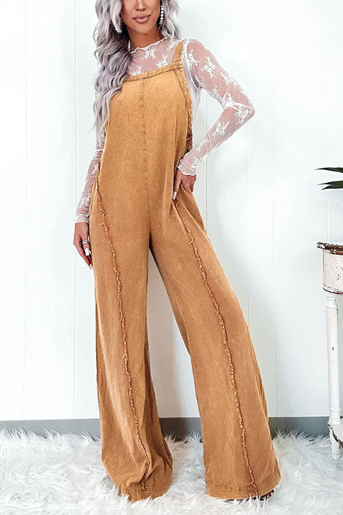 Rowangirl  Vintage Washed Raw Edge Wide Leg Jumpsuit