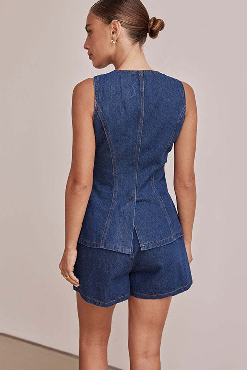 Rowangirl  Fashion Sleeveless High Waist Loose Denim Shorts Suit