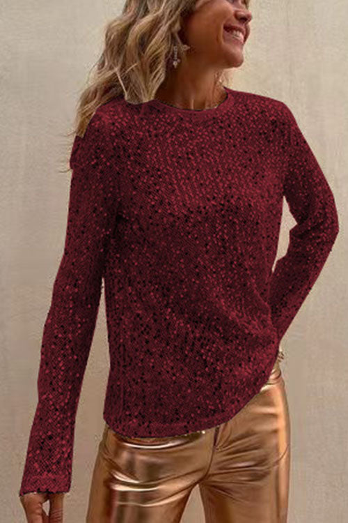 Rowangirl Sequined Long Sleeve Crew Neck Top