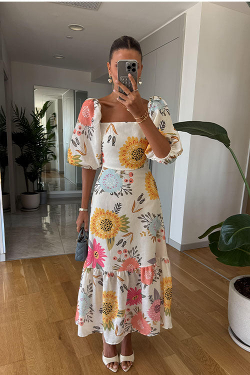 Rowangirl Fashion Square Neck Printed Puff Sleeve Swing Dress