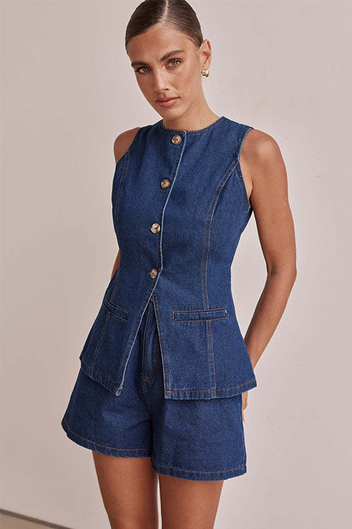 Rowangirl  Fashion Sleeveless High Waist Loose Denim Shorts Suit