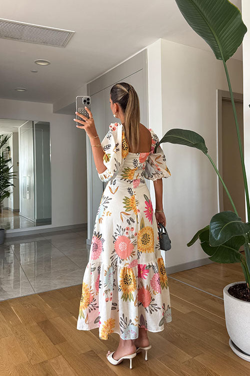 Rowangirl Fashion Square Neck Printed Puff Sleeve Swing Dress