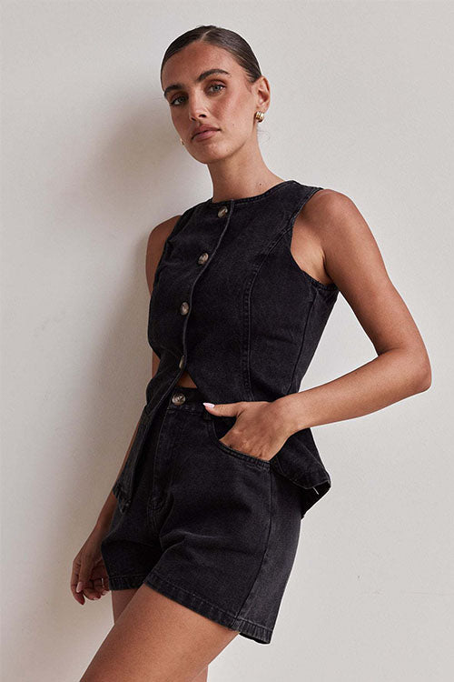 Rowangirl  Fashion Sleeveless High Waist Loose Denim Shorts Suit