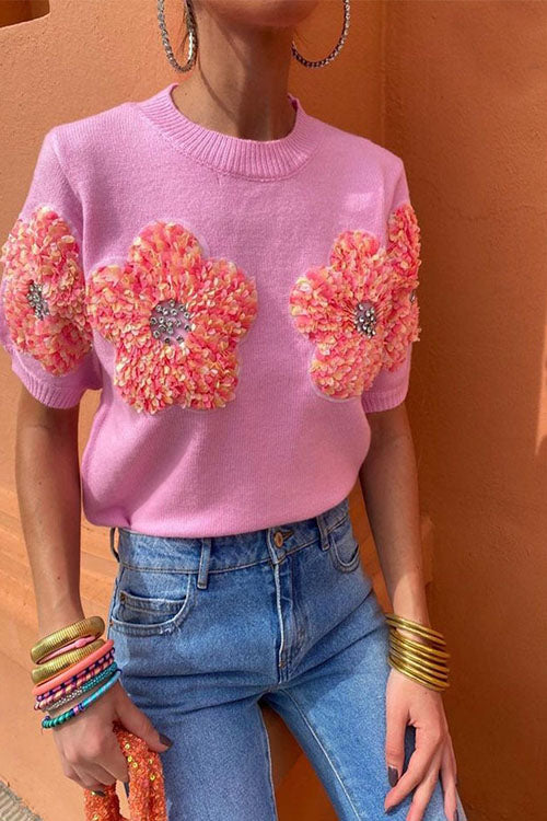 Rowangirl Flowery Sweet Pink Round Neck Short-Sleeved Sweater
