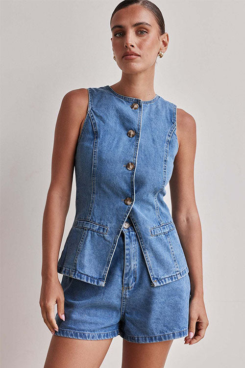 Rowangirl  Fashion Sleeveless High Waist Loose Denim Shorts Suit