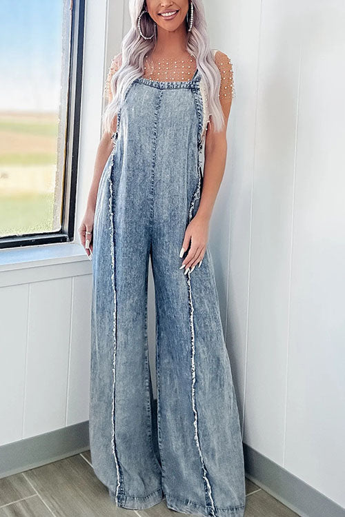 Rowangirl  Vintage Washed Raw Edge Wide Leg Jumpsuit