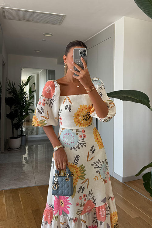 Rowangirl Fashion Square Neck Printed Puff Sleeve Swing Dress