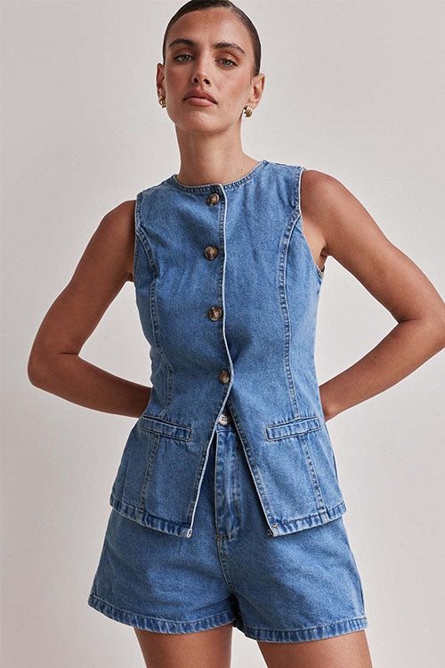 Rowangirl  Fashion Sleeveless High Waist Loose Denim Shorts Suit