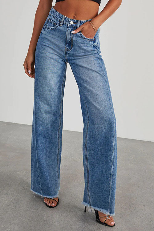 Rowangirl Relaxed Wide-Leg Side-Seam Paneled Frayed Hem Jeans