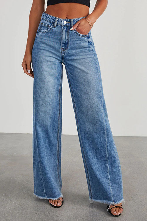 Rowangirl Relaxed Wide-Leg Side-Seam Paneled Frayed Hem Jeans