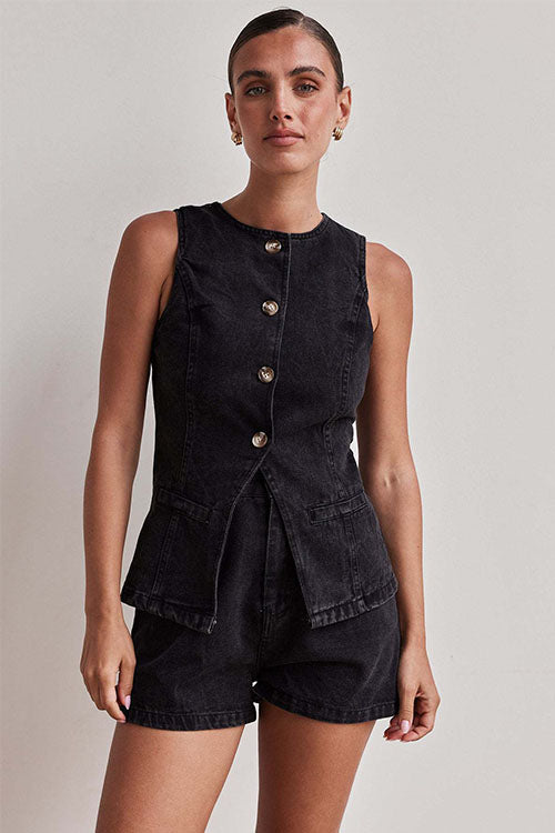 Rowangirl  Fashion Sleeveless High Waist Loose Denim Shorts Suit