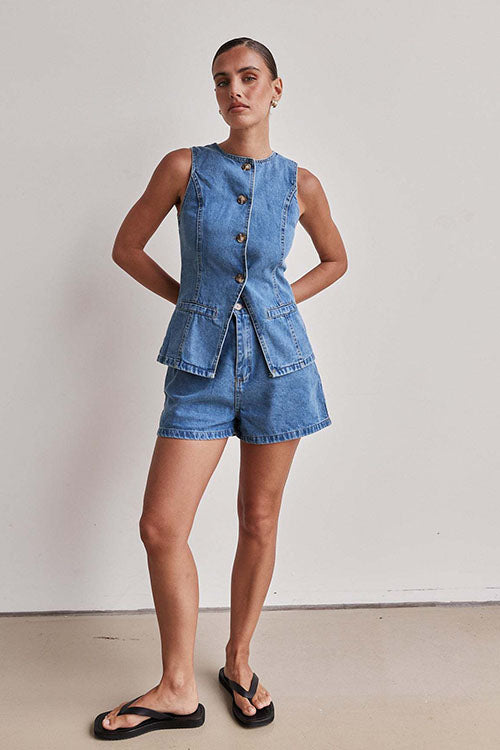 Rowangirl  Fashion Sleeveless High Waist Loose Denim Shorts Suit