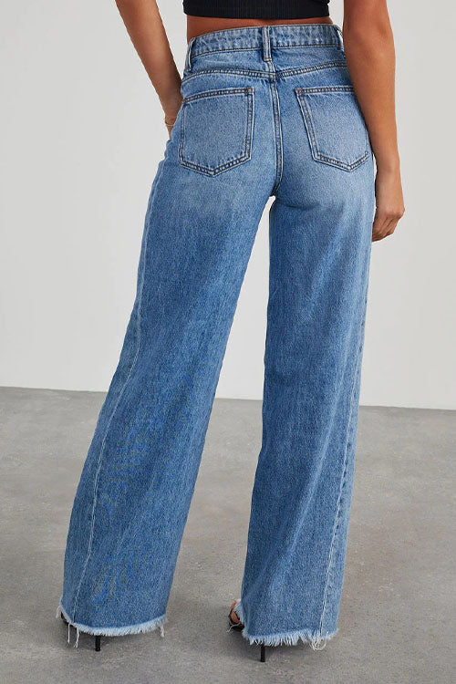 Rowangirl Relaxed Wide-Leg Side-Seam Paneled Frayed Hem Jeans