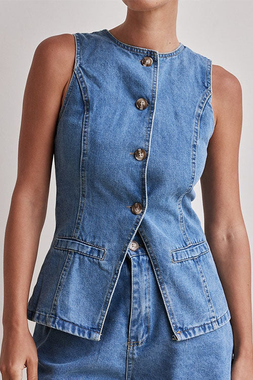 Rowangirl  Fashion Sleeveless High Waist Loose Denim Shorts Suit