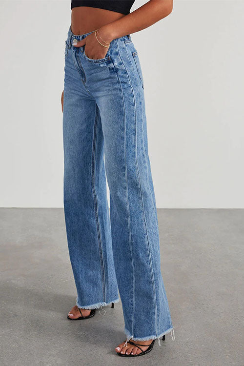 Rowangirl Relaxed Wide-Leg Side-Seam Paneled Frayed Hem Jeans