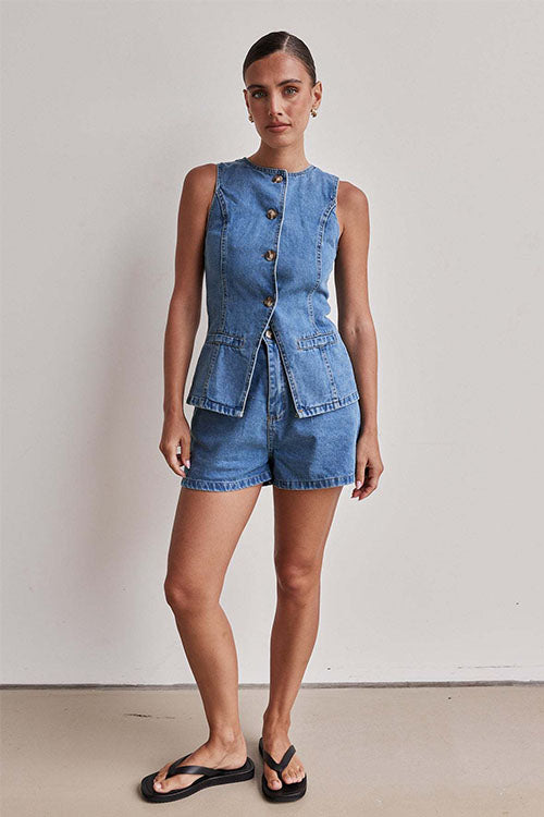 Rowangirl  Fashion Sleeveless High Waist Loose Denim Shorts Suit