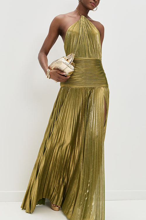Rowangirl Gold Pleated Slit Dress