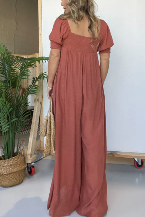 Rowangirl Solid Color Casual Puff Sleeve Pleated Jumpsuit