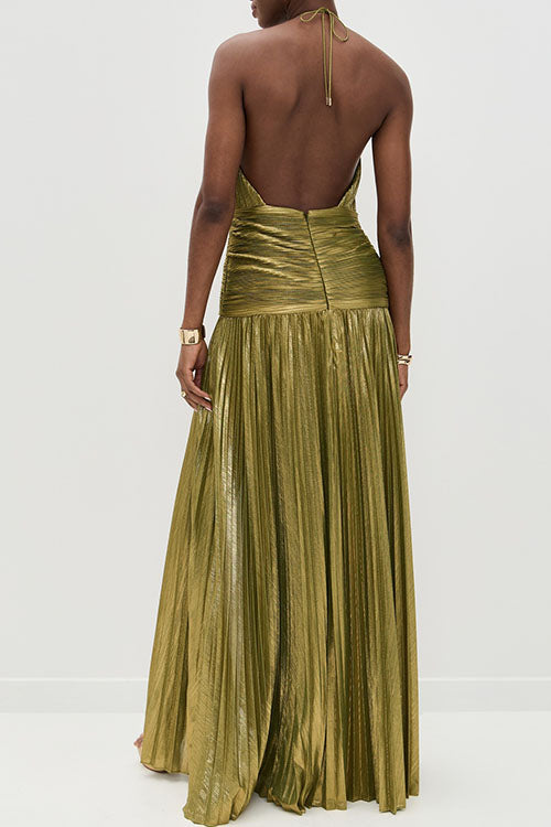 Rowangirl Gold Pleated Slit Dress
