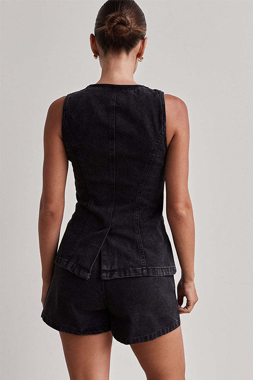 Rowangirl  Fashion Sleeveless High Waist Loose Denim Shorts Suit