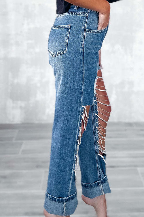 Rowangirl Relaxed Wide-Leg Side-Seam Paneled Frayed Hem Jeans