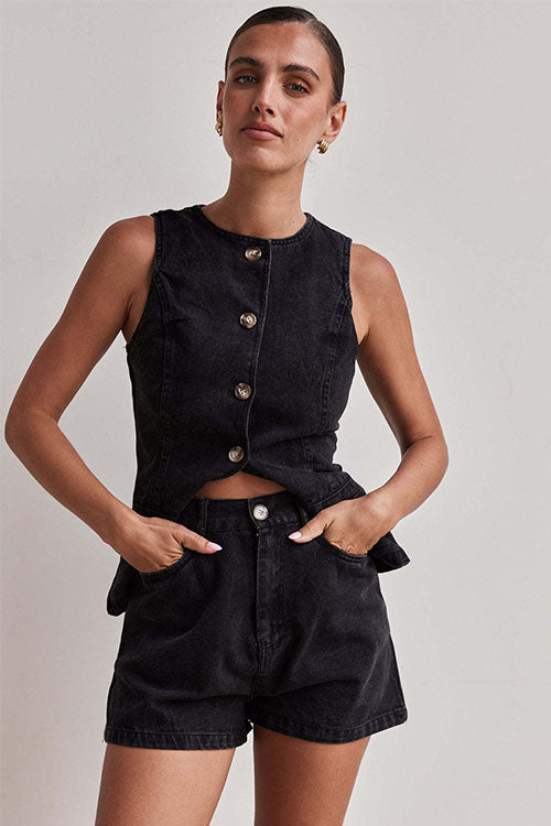 Rowangirl  Fashion Sleeveless High Waist Loose Denim Shorts Suit