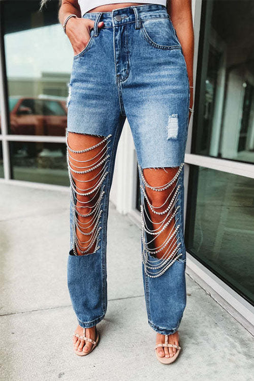 Rowangirl Fashion Pockets Wide Leg Ripped Jeans